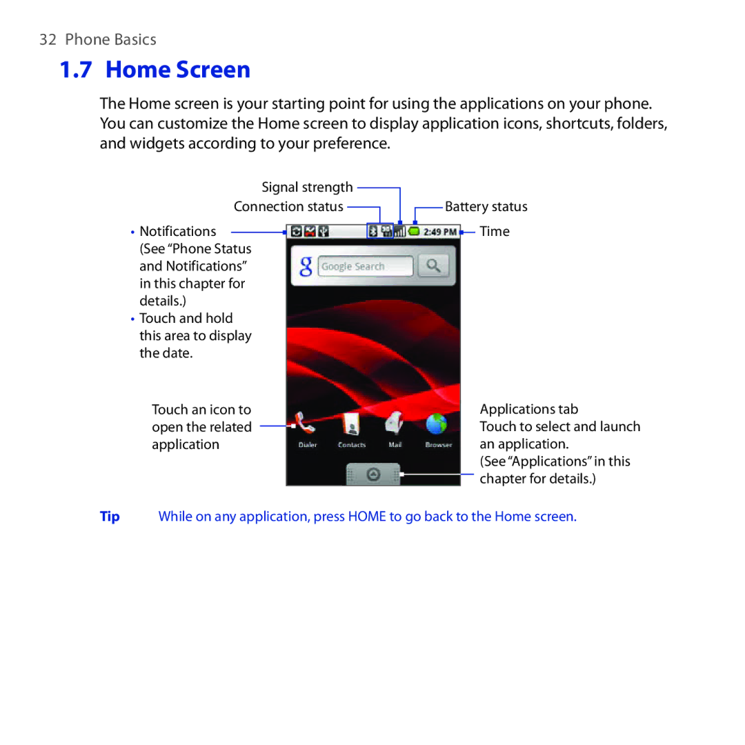 HTC DREA160 user manual Home Screen 