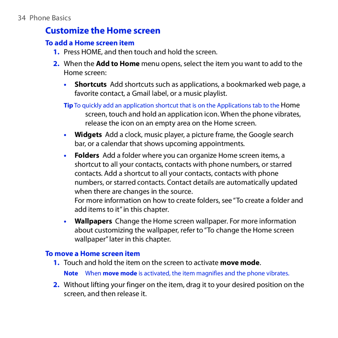 HTC DREA160 user manual Customize the Home screen, To add a Home screen item, To move a Home screen item 