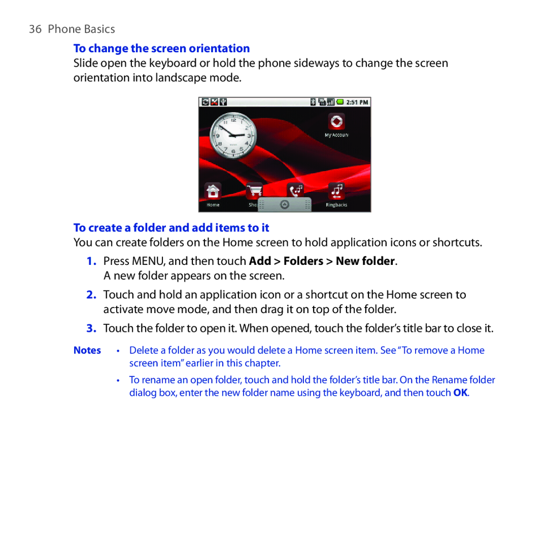 HTC DREA160 user manual To change the screen orientation, To create a folder and add items to it 