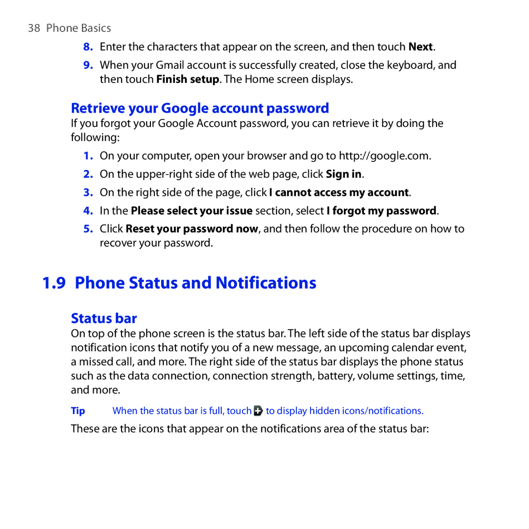 HTC DREA160 user manual Phone Status and Notifications, Retrieve your Google account password, Status bar 