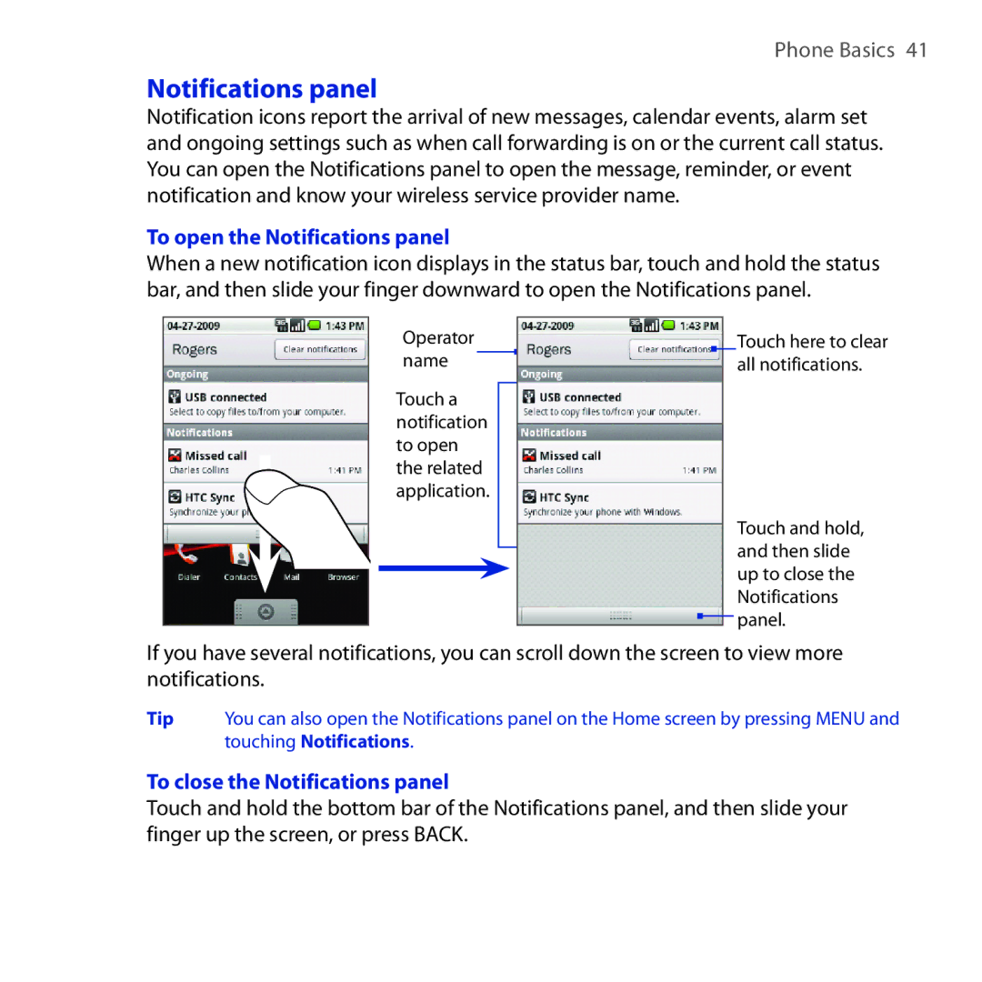 HTC DREA160 user manual To open the Notifications panel, To close the Notifications panel 