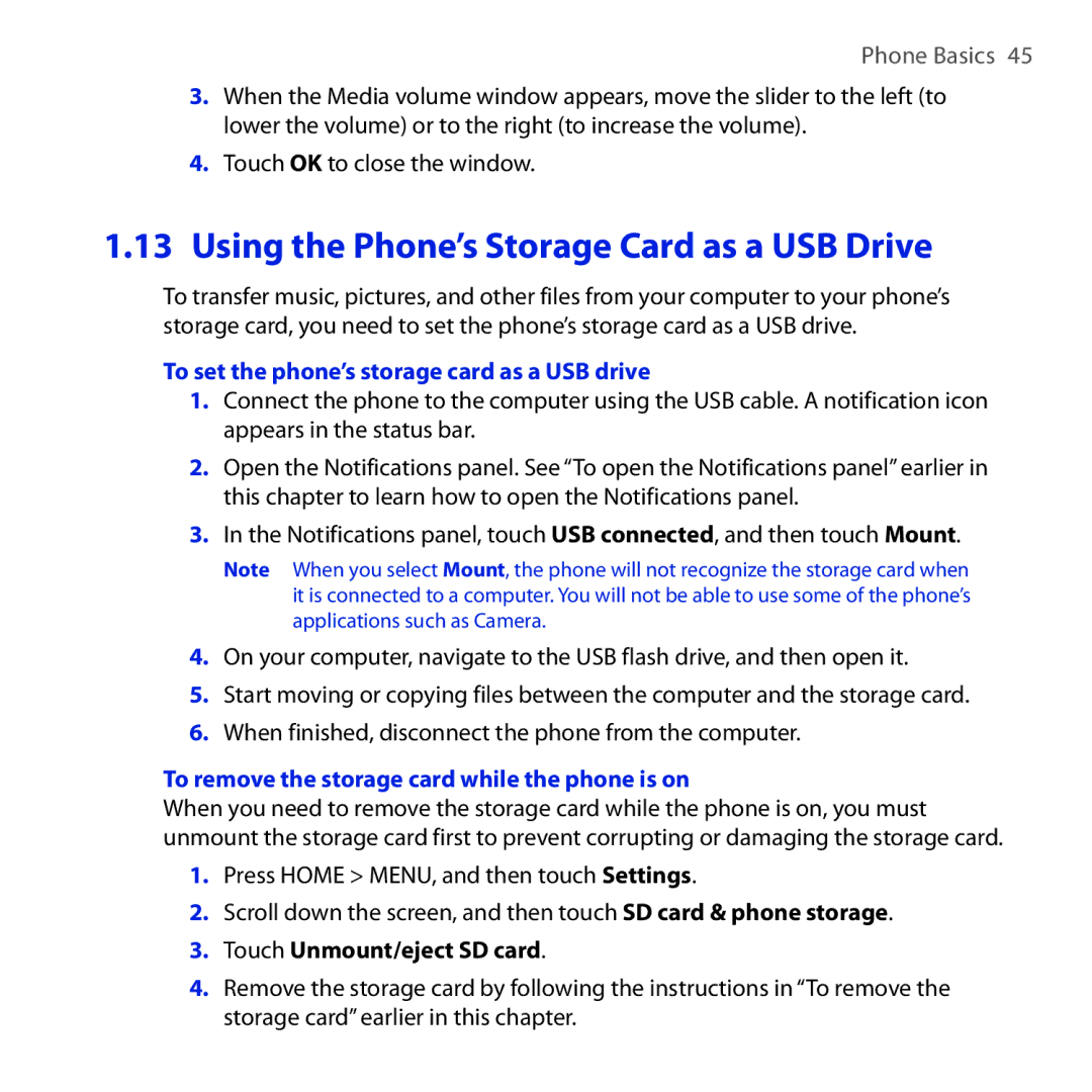 HTC DREA160 user manual Using the Phone’s Storage Card as a USB Drive, To set the phone’s storage card as a USB drive 