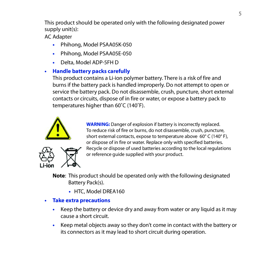 HTC user manual Handle battery packs carefully, HTC, Model DREA160, Take extra precautions 