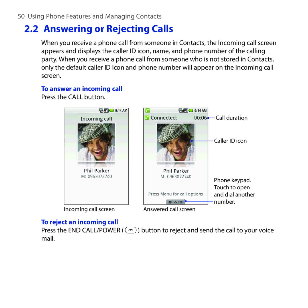 HTC DREA160 user manual Answering or Rejecting Calls, To answer an incoming call, To reject an incoming call 