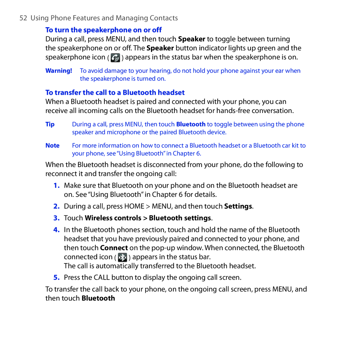 HTC DREA160 user manual To turn the speakerphone on or off, To transfer the call to a Bluetooth headset 