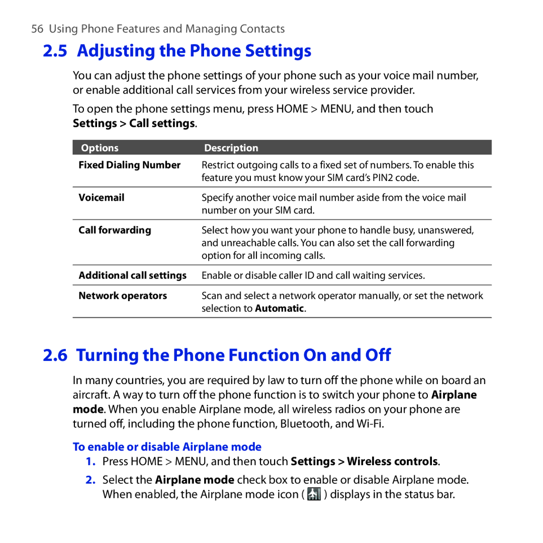 HTC DREA160 Adjusting the Phone Settings, Turning the Phone Function On and Off, To enable or disable Airplane mode 