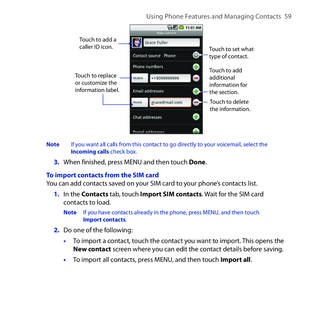 HTC DREA160 user manual When finished, press Menu and then touch Done, To import contacts from the SIM card 