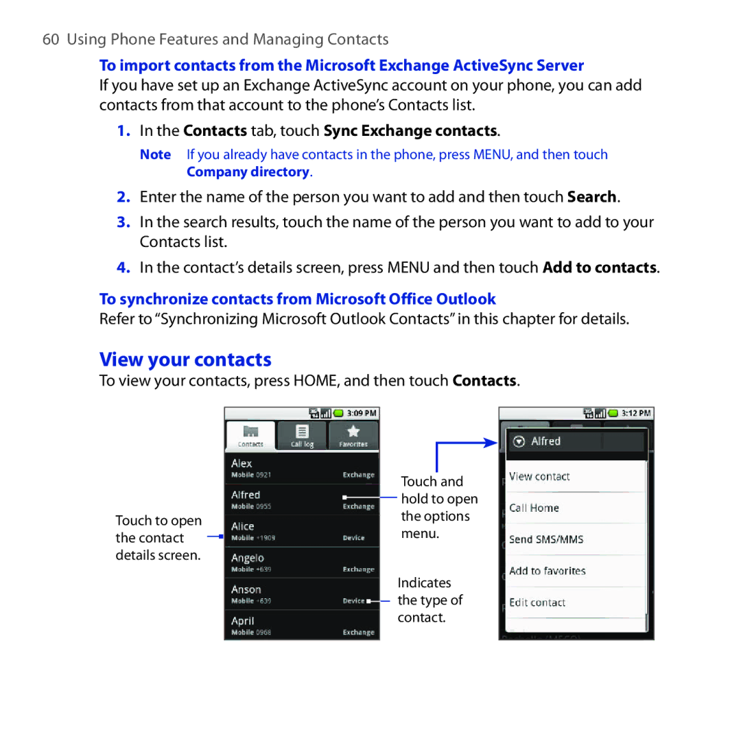 HTC DREA160 user manual View your contacts, Contacts tab, touch Sync Exchange contacts 