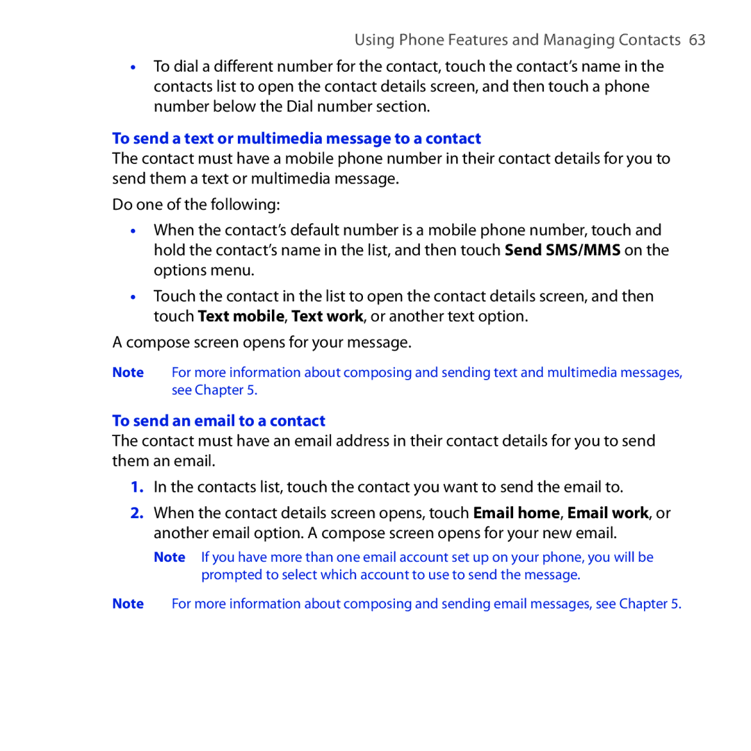 HTC DREA160 user manual To send a text or multimedia message to a contact, To send an email to a contact 