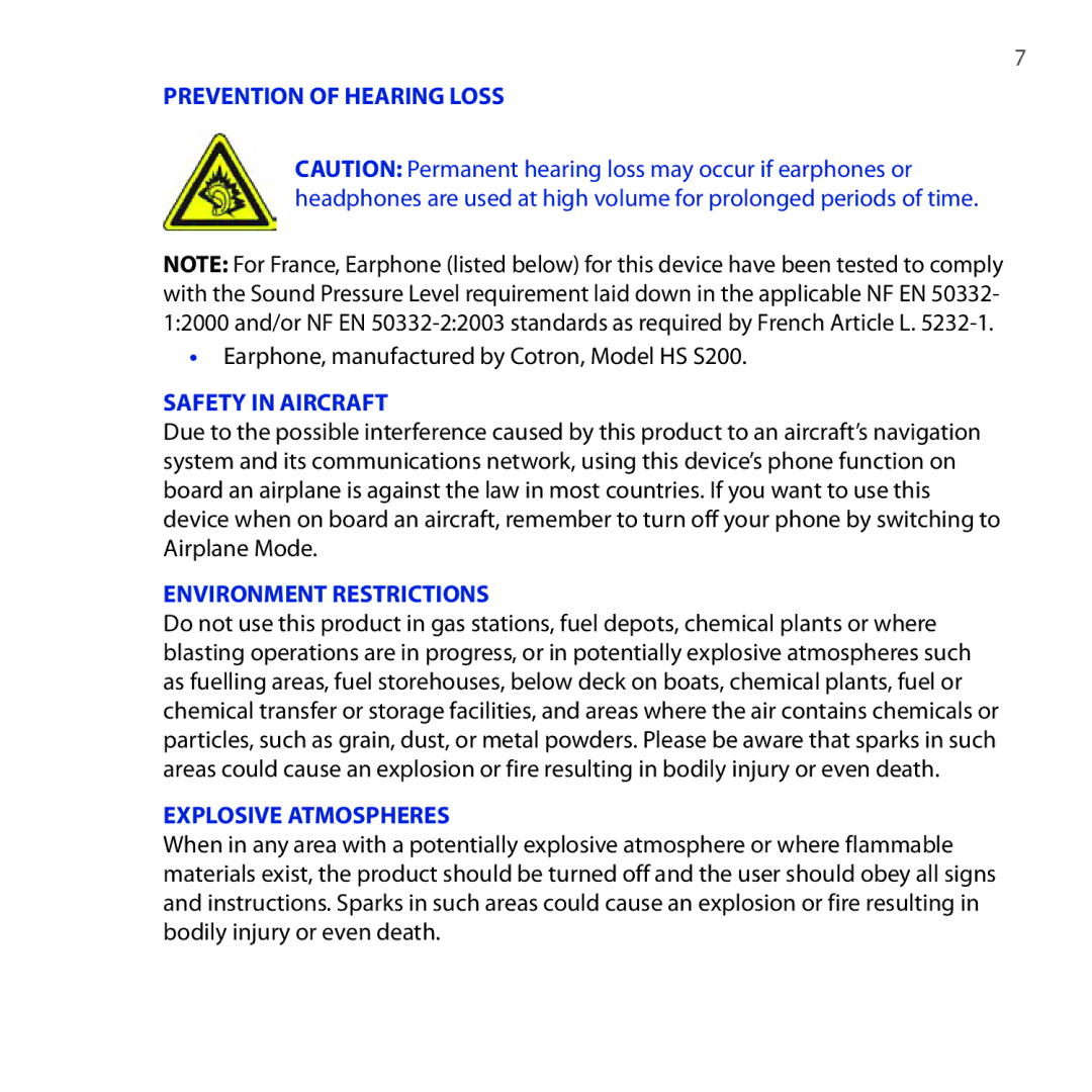 HTC DREA160 user manual Earphone, manufactured by Cotron, Model HS S200, Safety in Aircraft 