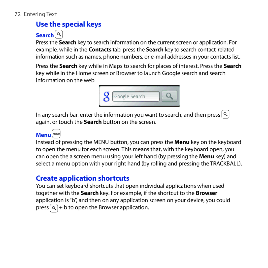 HTC DREA160 user manual Use the special keys, Create application shortcuts, Search, Menu 