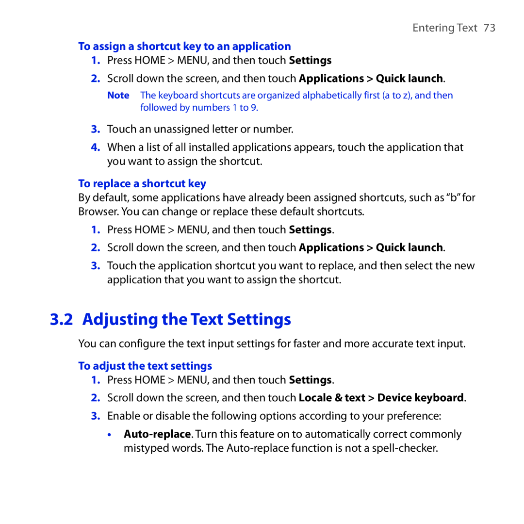 HTC DREA160 user manual Adjusting the Text Settings, To assign a shortcut key to an application, To replace a shortcut key 