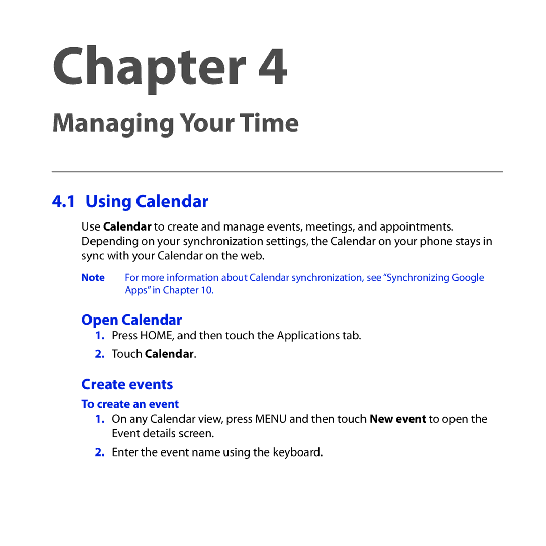 HTC DREA160 user manual Using Calendar, Open Calendar, Create events, Touch Calendar, To create an event 