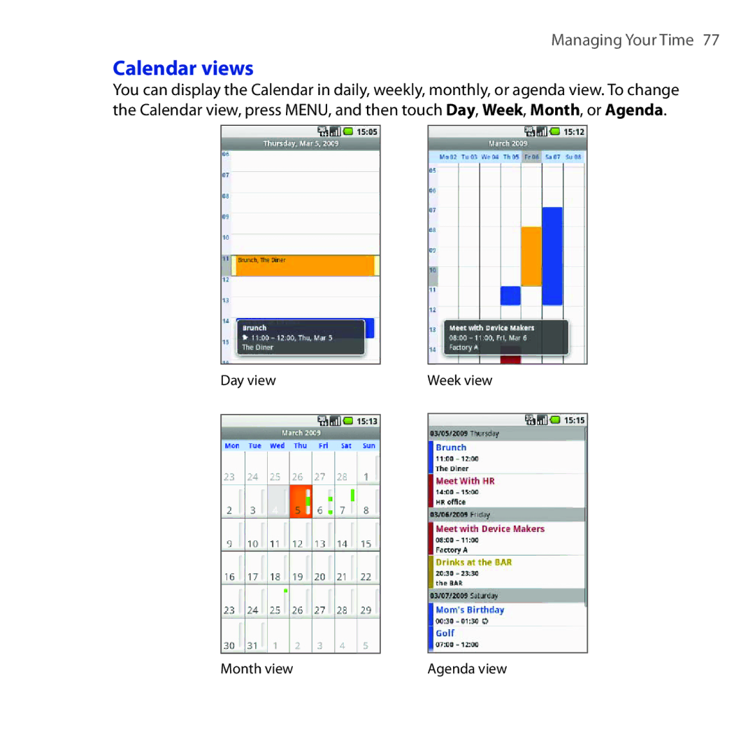 HTC DREA160 user manual Calendar views 