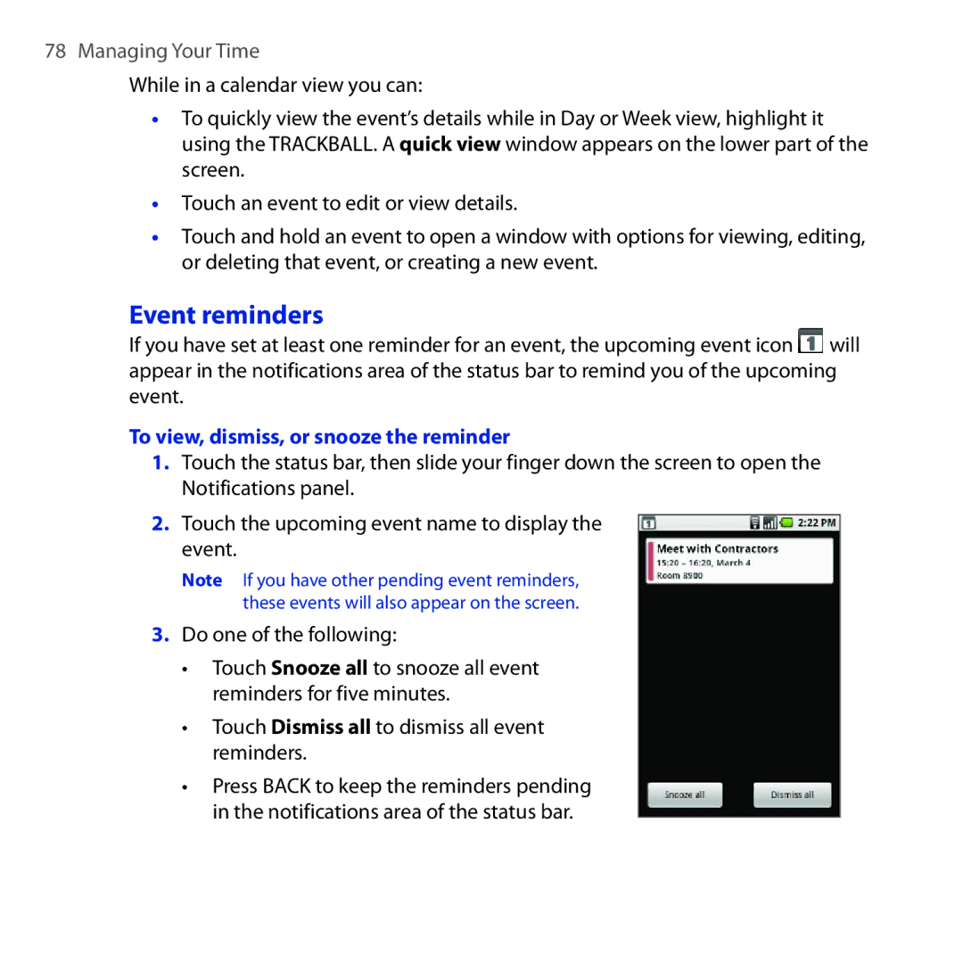 HTC DREA160 user manual Event reminders, To view, dismiss, or snooze the reminder 