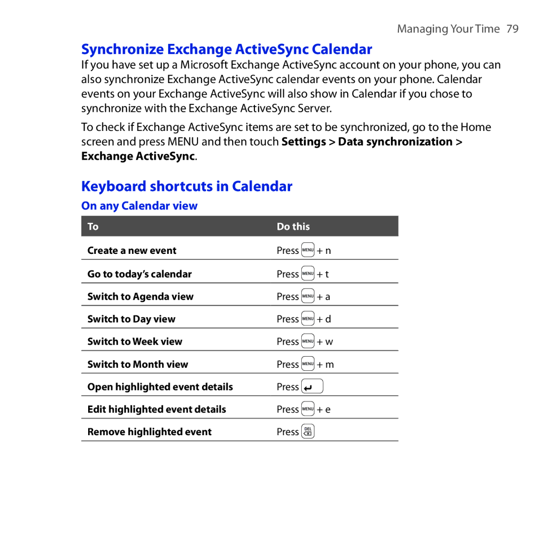 HTC DREA160 user manual Synchronize Exchange ActiveSync Calendar, Keyboard shortcuts in Calendar, On any Calendar view 