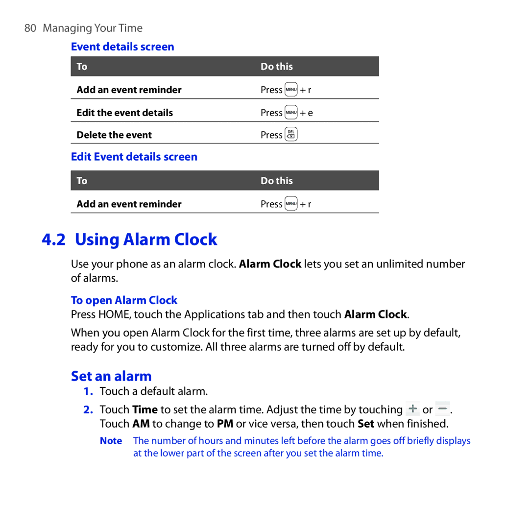 HTC DREA160 user manual Using Alarm Clock, Set an alarm, Edit Event details screen, To open Alarm Clock 