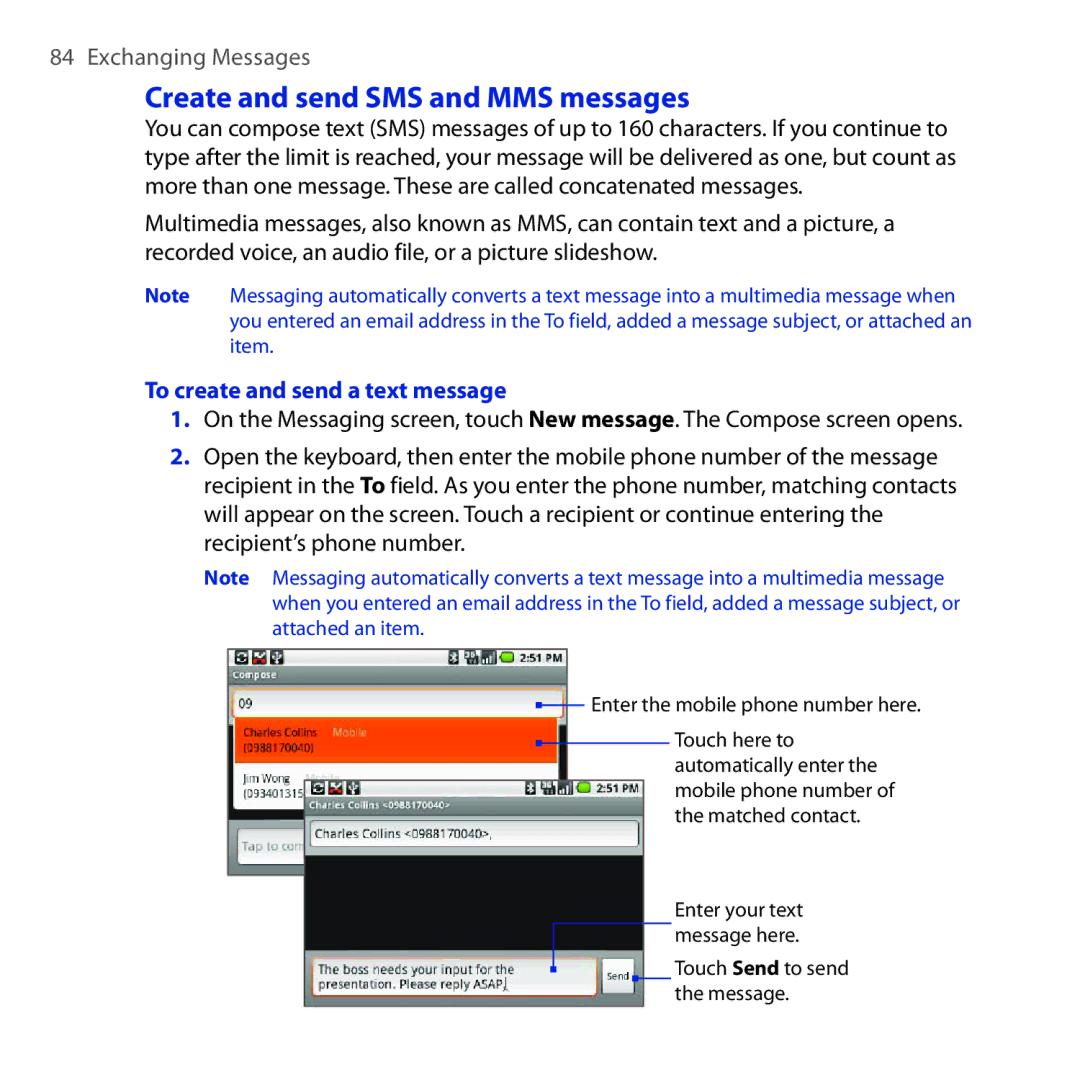 HTC DREA160 user manual Create and send SMS and MMS messages, To create and send a text message 