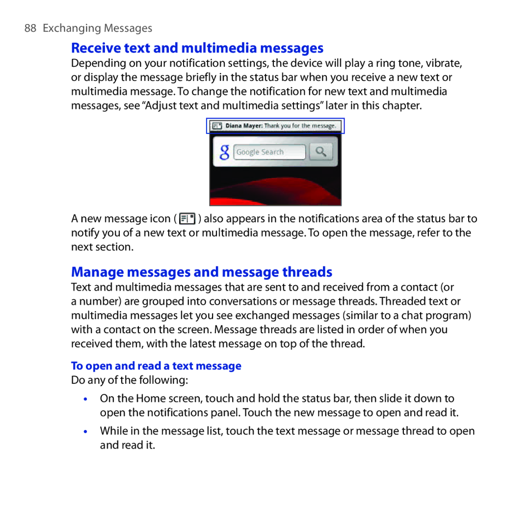 HTC DREA160 Receive text and multimedia messages, Manage messages and message threads, To open and read a text message 