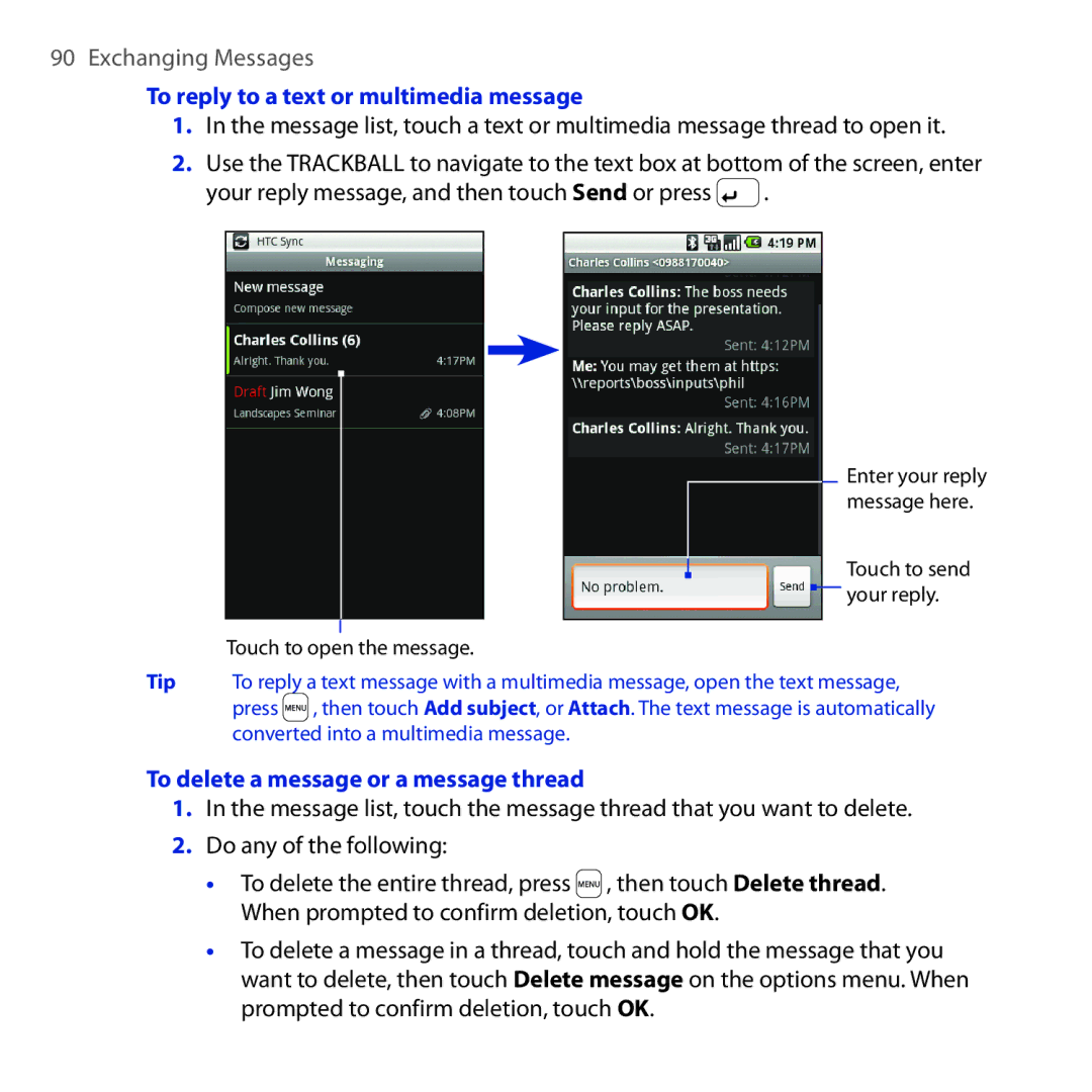 HTC DREA160 user manual To reply to a text or multimedia message, To delete a message or a message thread 