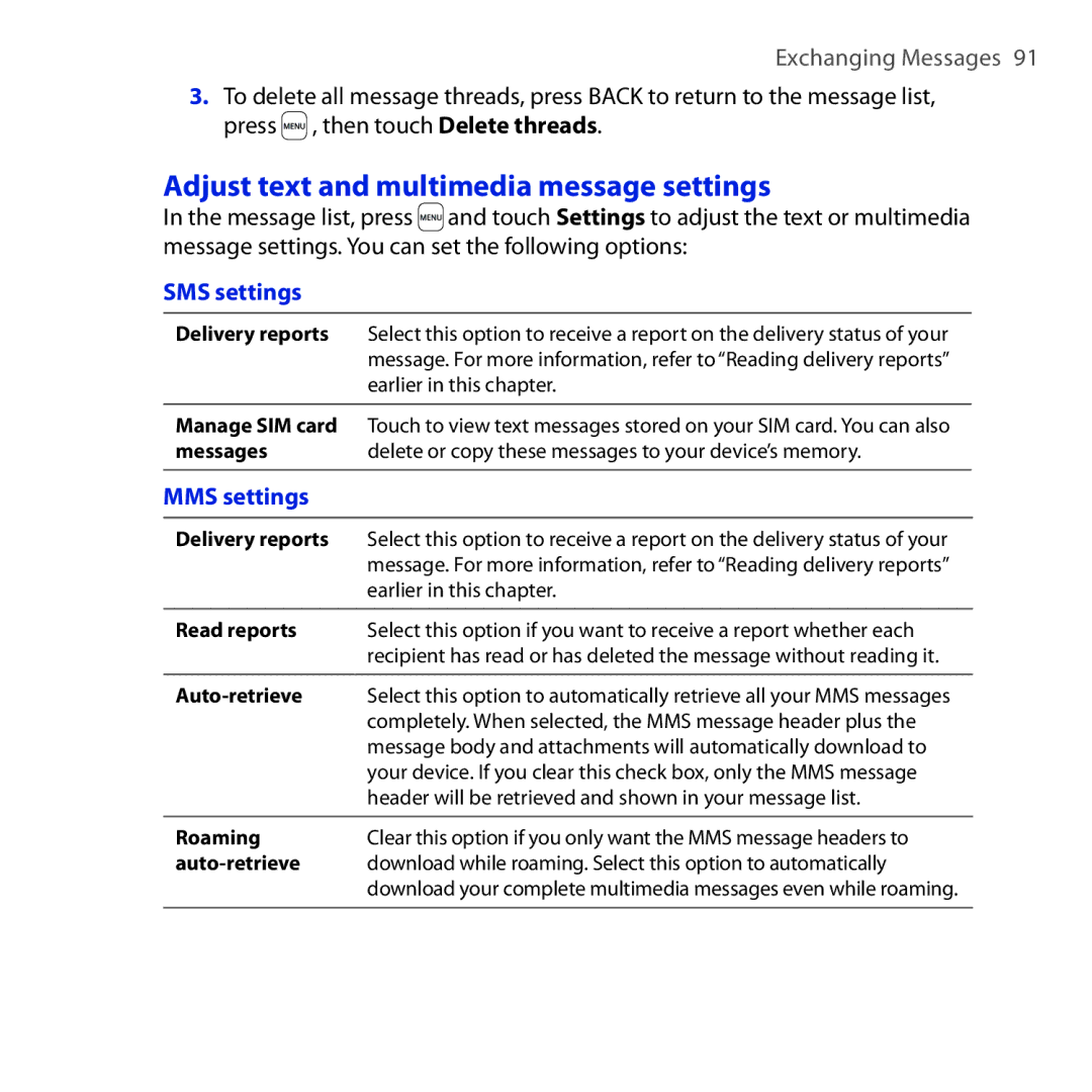 HTC DREA160 user manual Adjust text and multimedia message settings, SMS settings, MMS settings 