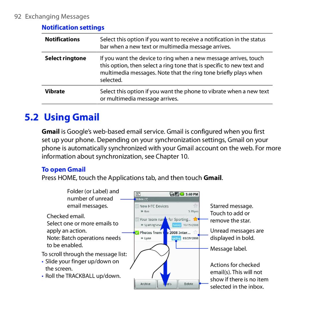 HTC DREA160 user manual Using Gmail, Notification settings, To open Gmail 