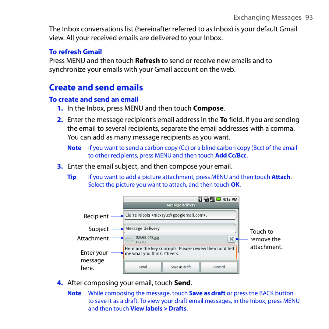 HTC DREA160 Create and send emails, To refresh Gmail, To create and send an email, After composing your email, touch Send 