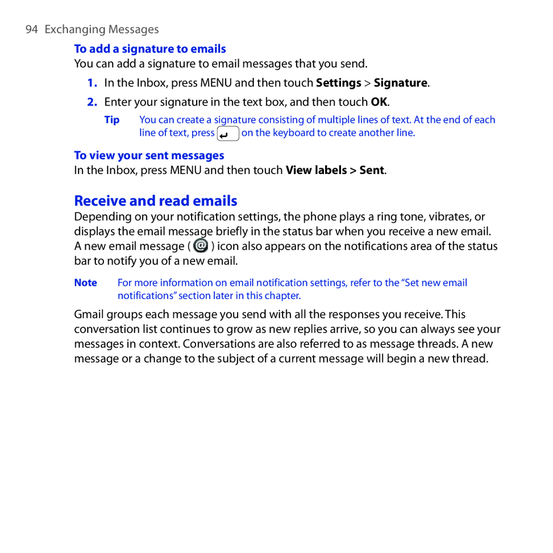 HTC DREA160 user manual Receive and read emails, To add a signature to emails, To view your sent messages 