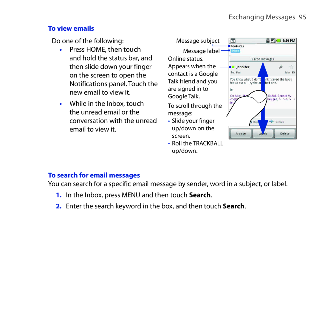 HTC DREA160 user manual To view emails, To search for email messages 