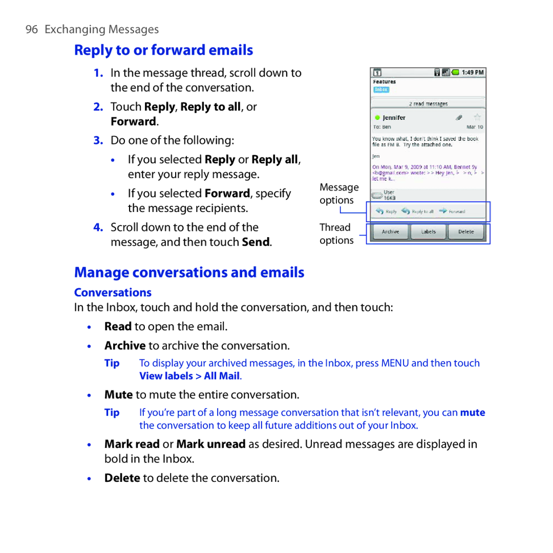 HTC DREA160 user manual Reply to or forward emails, Manage conversations and emails, Touch Reply, Reply to all, or Forward 