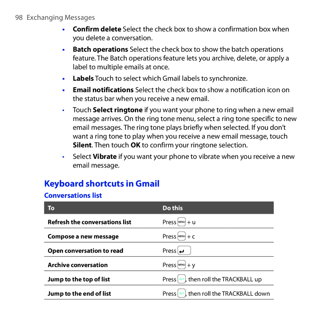 HTC DREA160 user manual Keyboard shortcuts in Gmail, Conversations list 