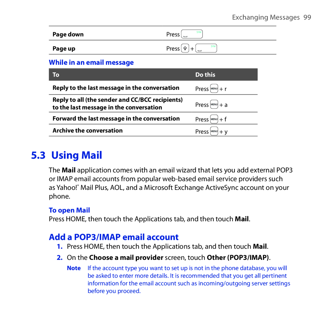 HTC DREA160 user manual Using Mail, Add a POP3/IMAP email account, While in an email message, To open Mail 