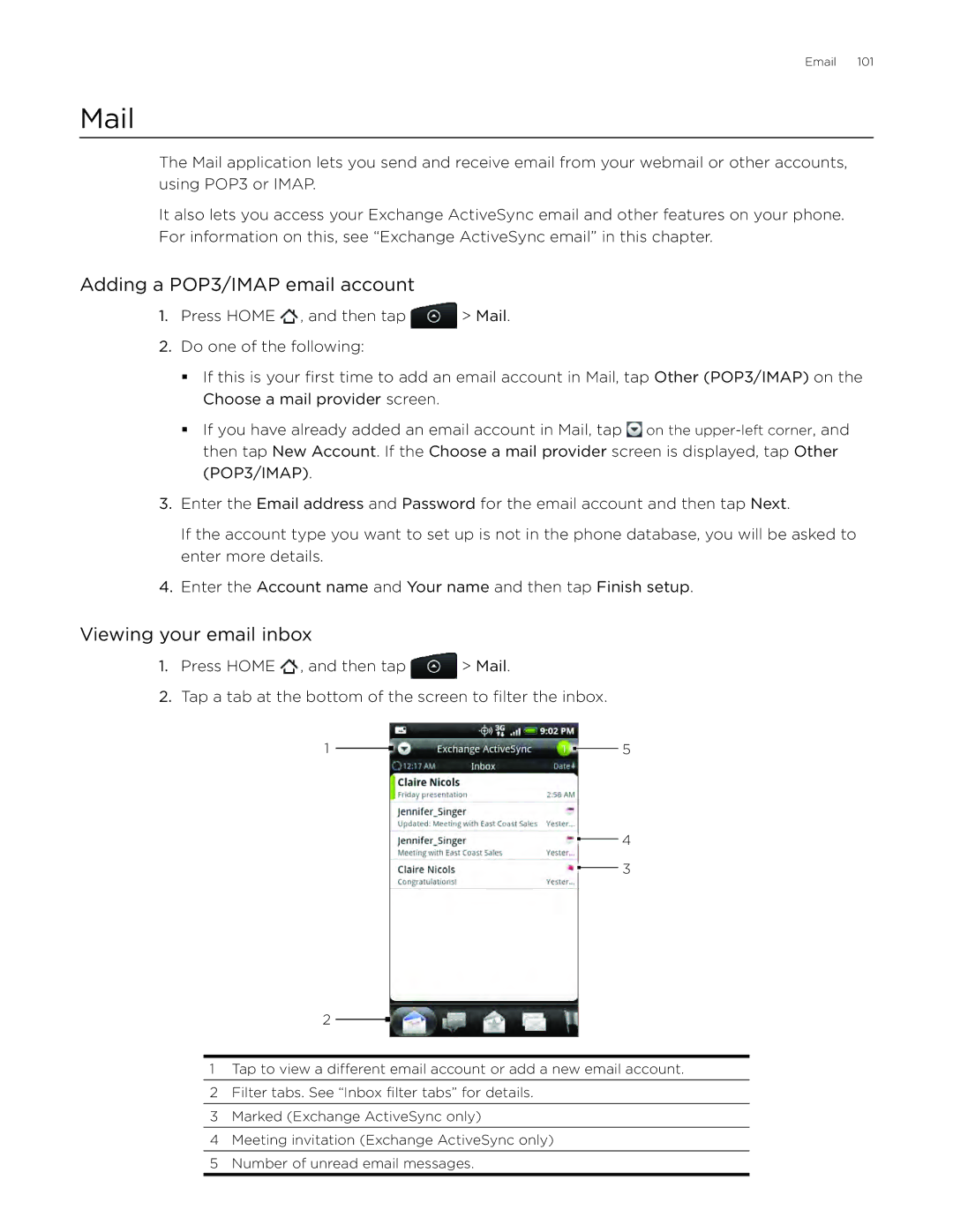 HTC ADR6300, DROID Incredible manual Mail, Adding a POP3/IMAP email account, Viewing your email inbox 