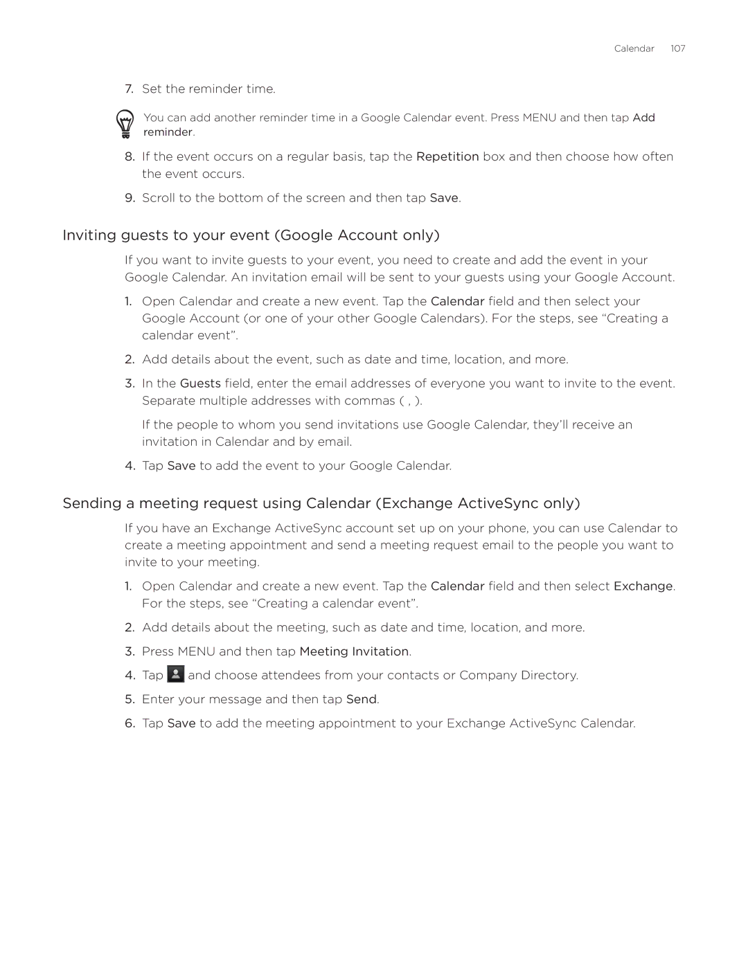 HTC ADR6300, DROID Incredible manual Inviting guests to your event Google Account only, Set the reminder time 