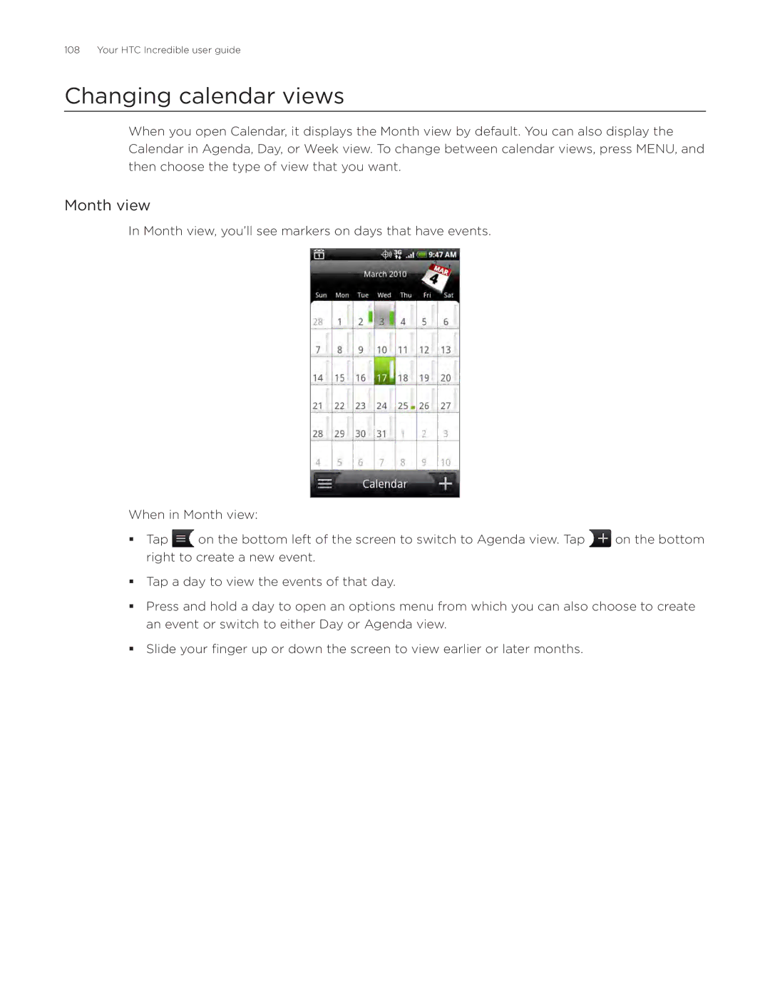 HTC DROID Incredible, ADR6300 manual Changing calendar views, Month view 