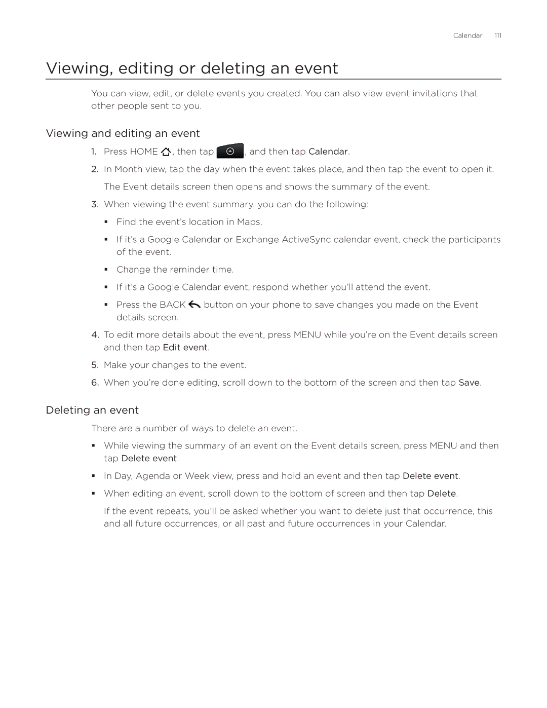 HTC ADR6300, DROID Incredible manual Viewing, editing or deleting an event, Viewing and editing an event, Deleting an event 