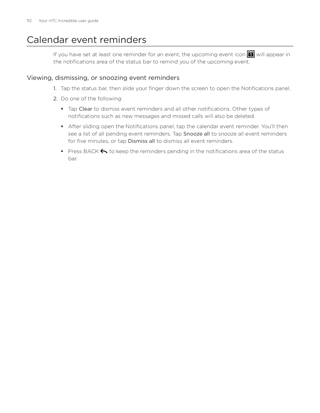 HTC DROID Incredible, ADR6300 manual Calendar event reminders, Viewing, dismissing, or snoozing event reminders 