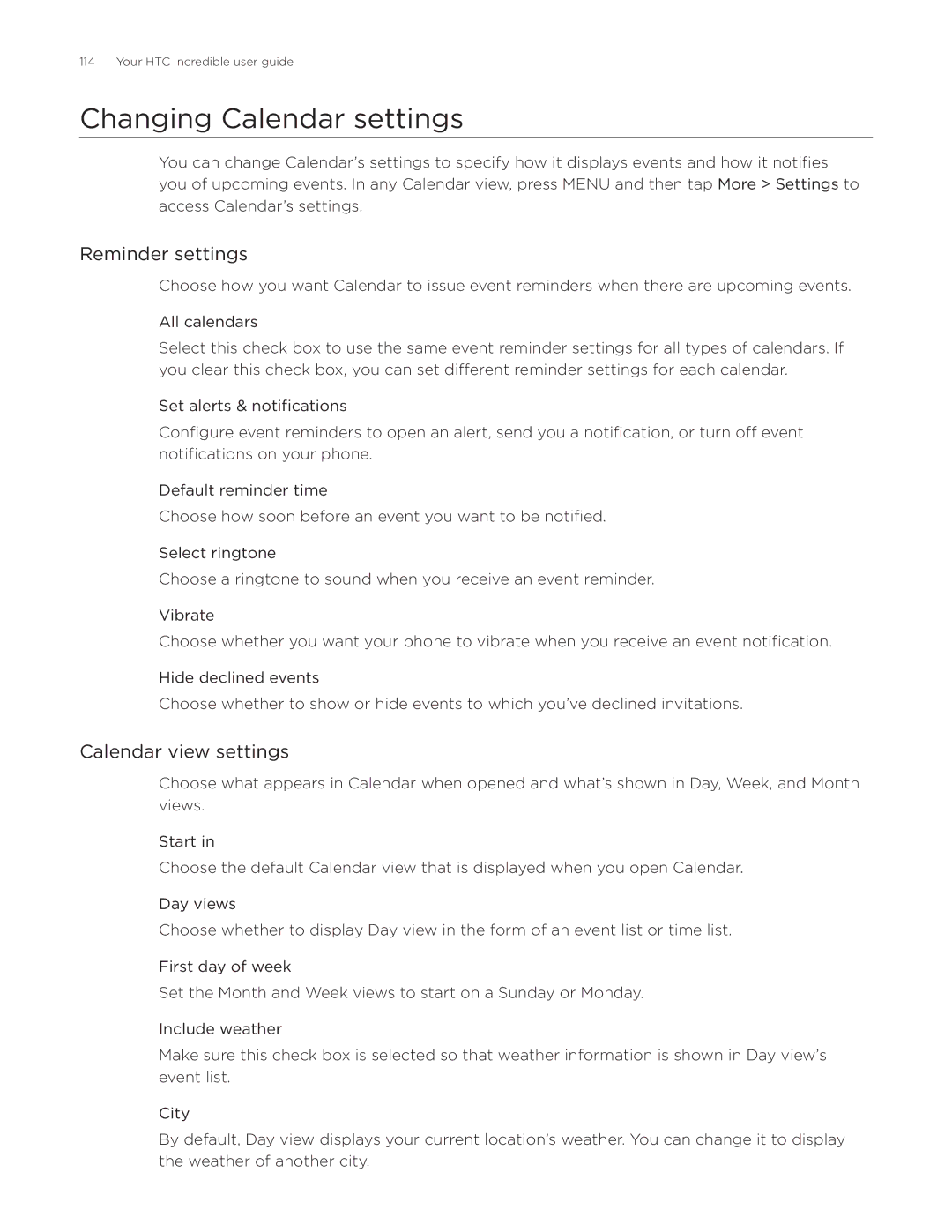 HTC DROID Incredible, ADR6300 manual Changing Calendar settings, Reminder settings, Calendar view settings 