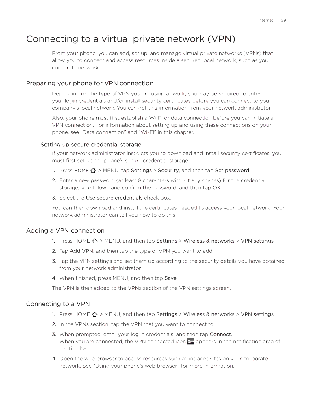 HTC ADR6300 Connecting to a virtual private network VPN, Preparing your phone for VPN connection, Adding a VPN connection 