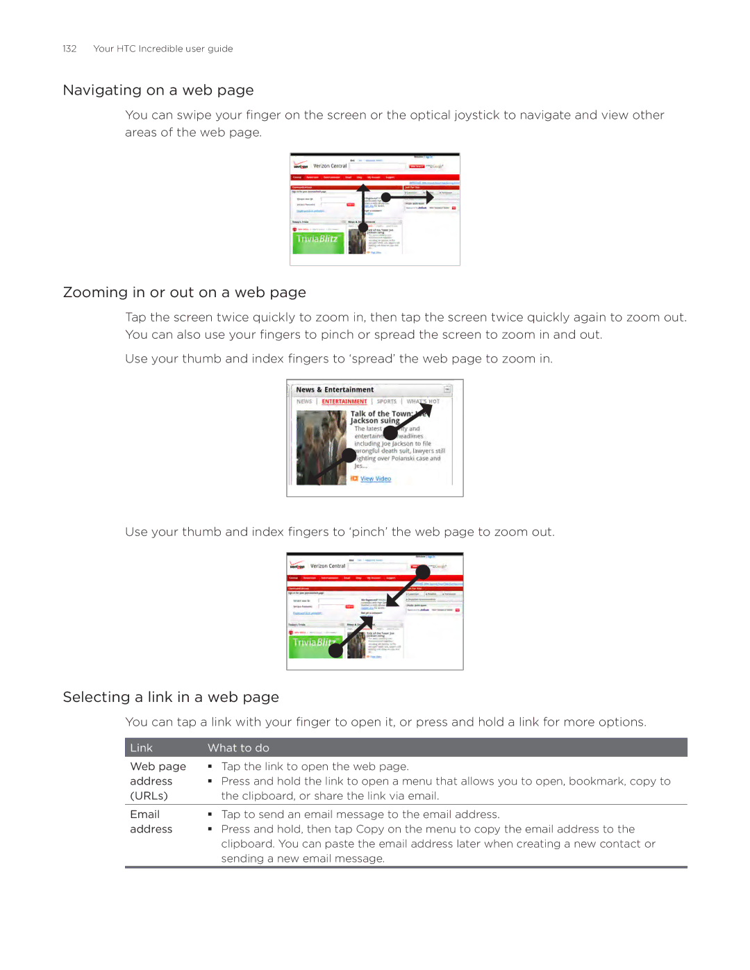 HTC DROID Incredible, ADR6300 manual Navigating on a web, Zooming in or out on a web, Selecting a link in a web 