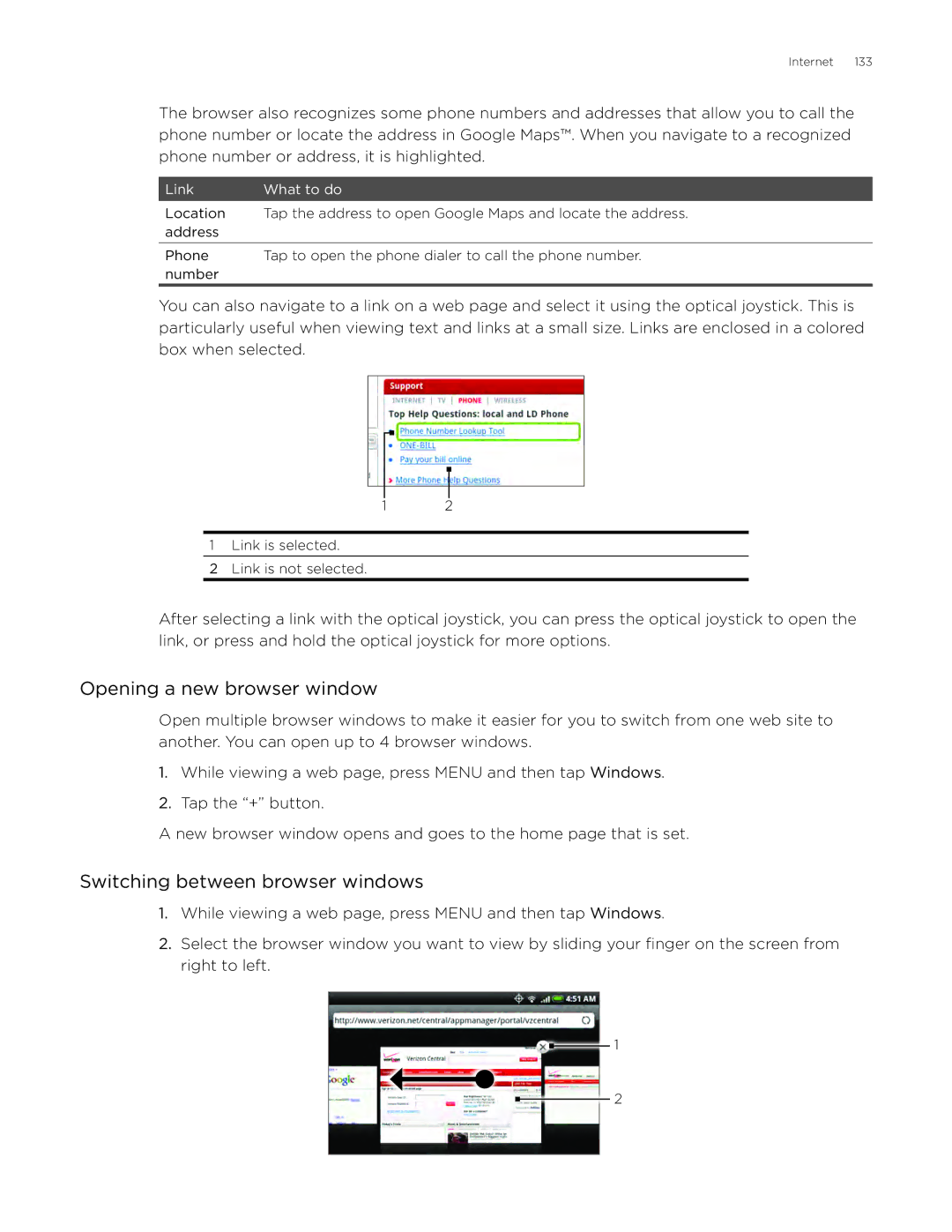 HTC ADR6300, DROID Incredible manual Opening a new browser window, Switching between browser windows 