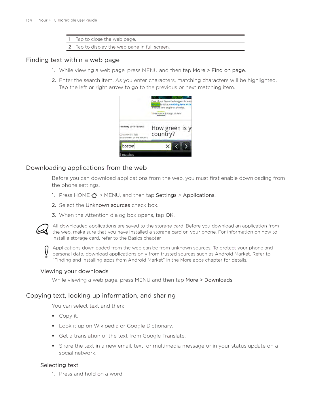 HTC DROID Incredible, ADR6300 Finding text within a web, Downloading applications from the web, Viewing your downloads 