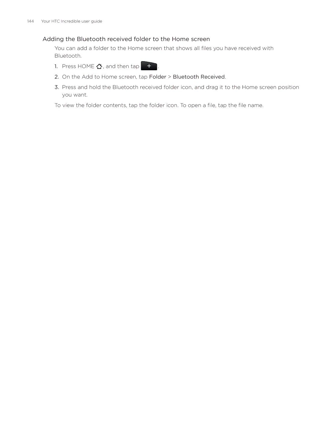 HTC DROID Incredible, ADR6300 manual Adding the Bluetooth received folder to the Home screen 