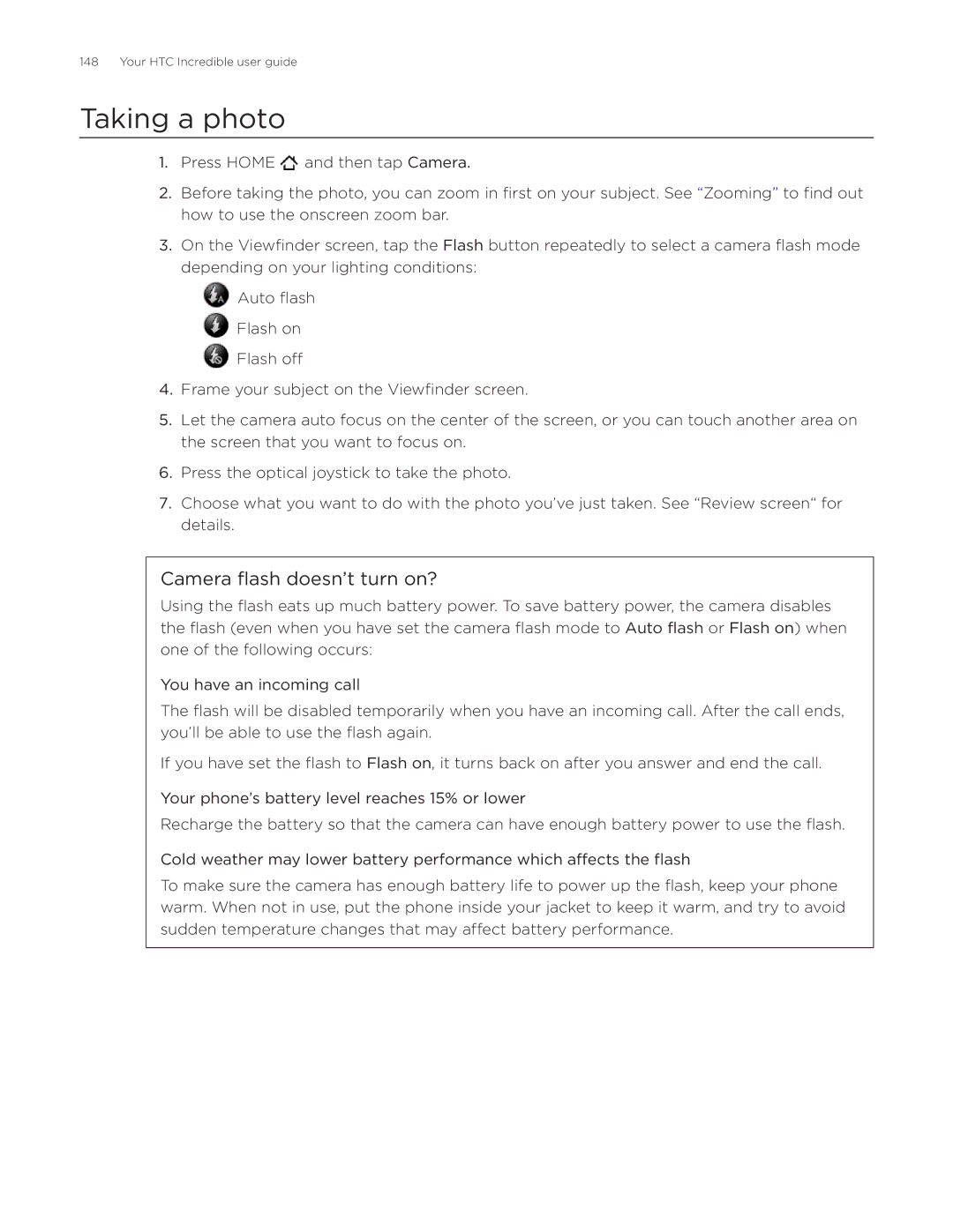 HTC DROID Incredible, ADR6300 manual Taking a photo, Camera flash doesn’t turn on? 