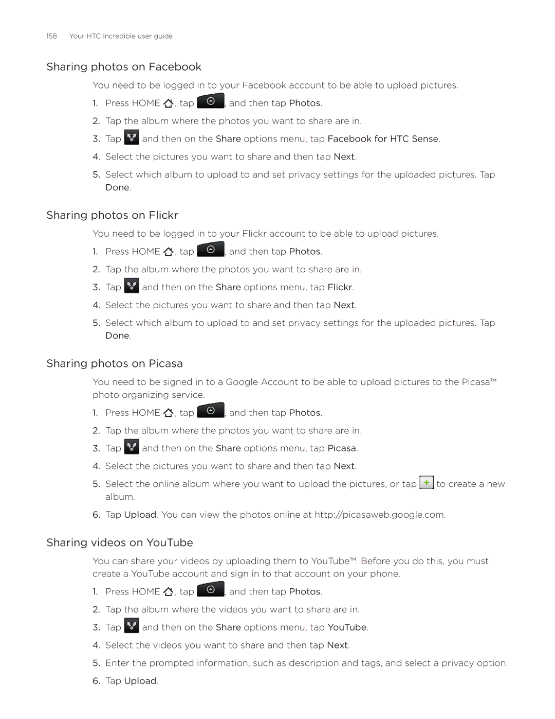 HTC DROID Incredible, ADR6300 manual Sharing photos on Facebook, Sharing photos on Flickr, Sharing photos on Picasa 