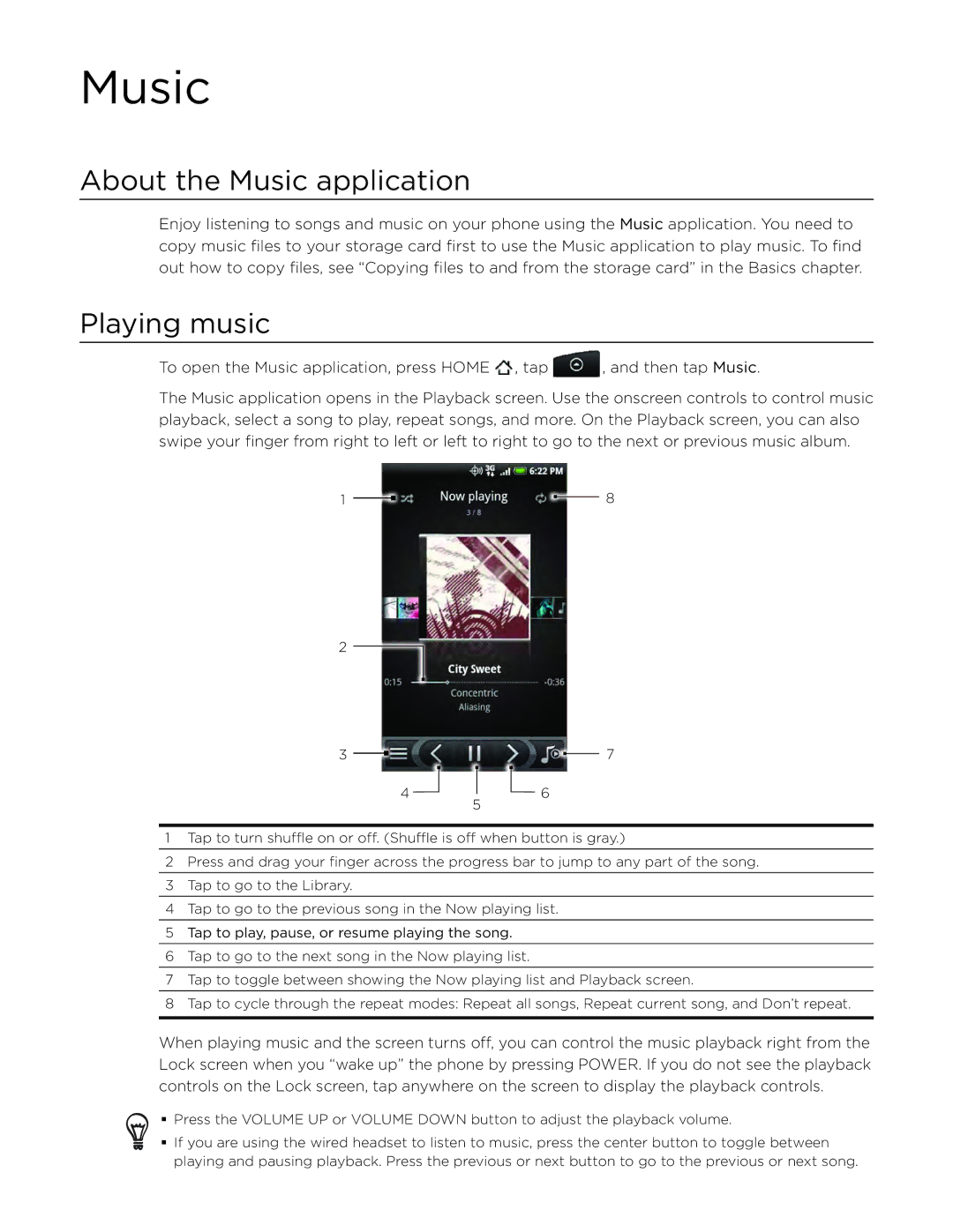 HTC ADR6300, DROID Incredible manual About the Music application, Playing music 