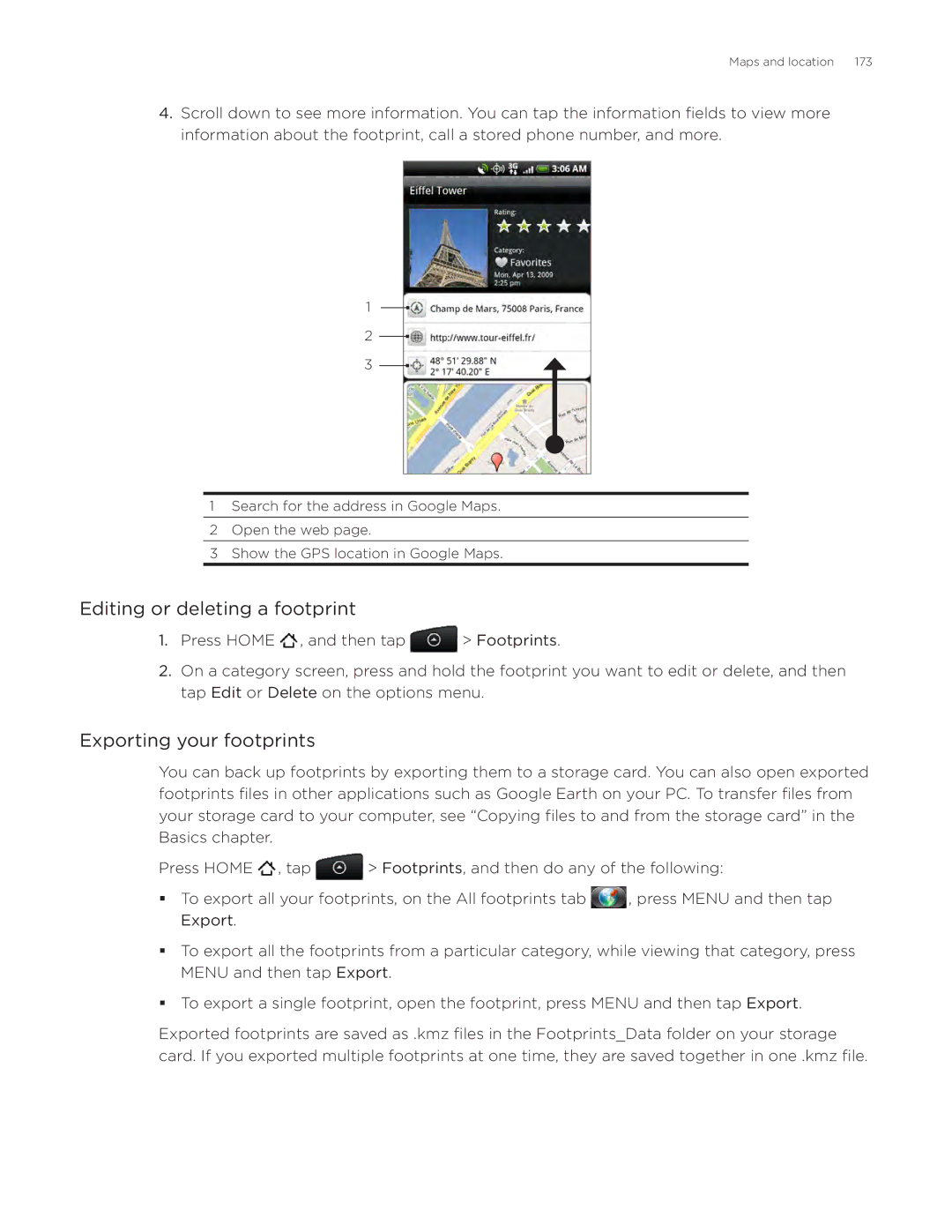 HTC ADR6300, DROID Incredible manual Editing or deleting a footprint, Exporting your footprints 