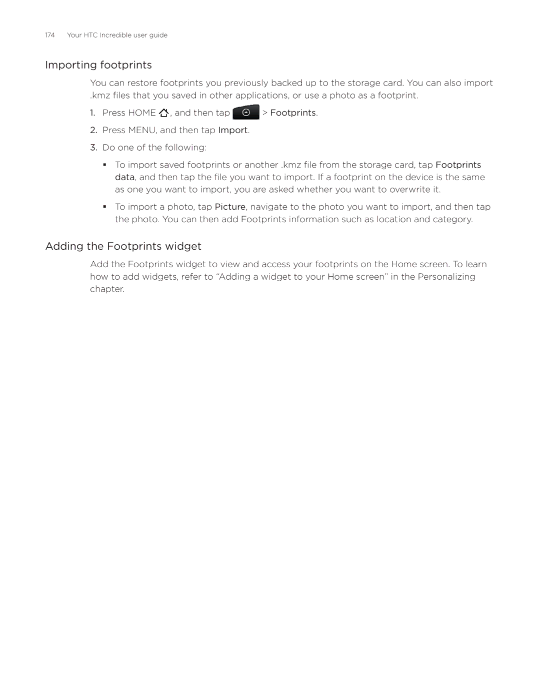 HTC DROID Incredible, ADR6300 manual Importing footprints, Adding the Footprints widget 