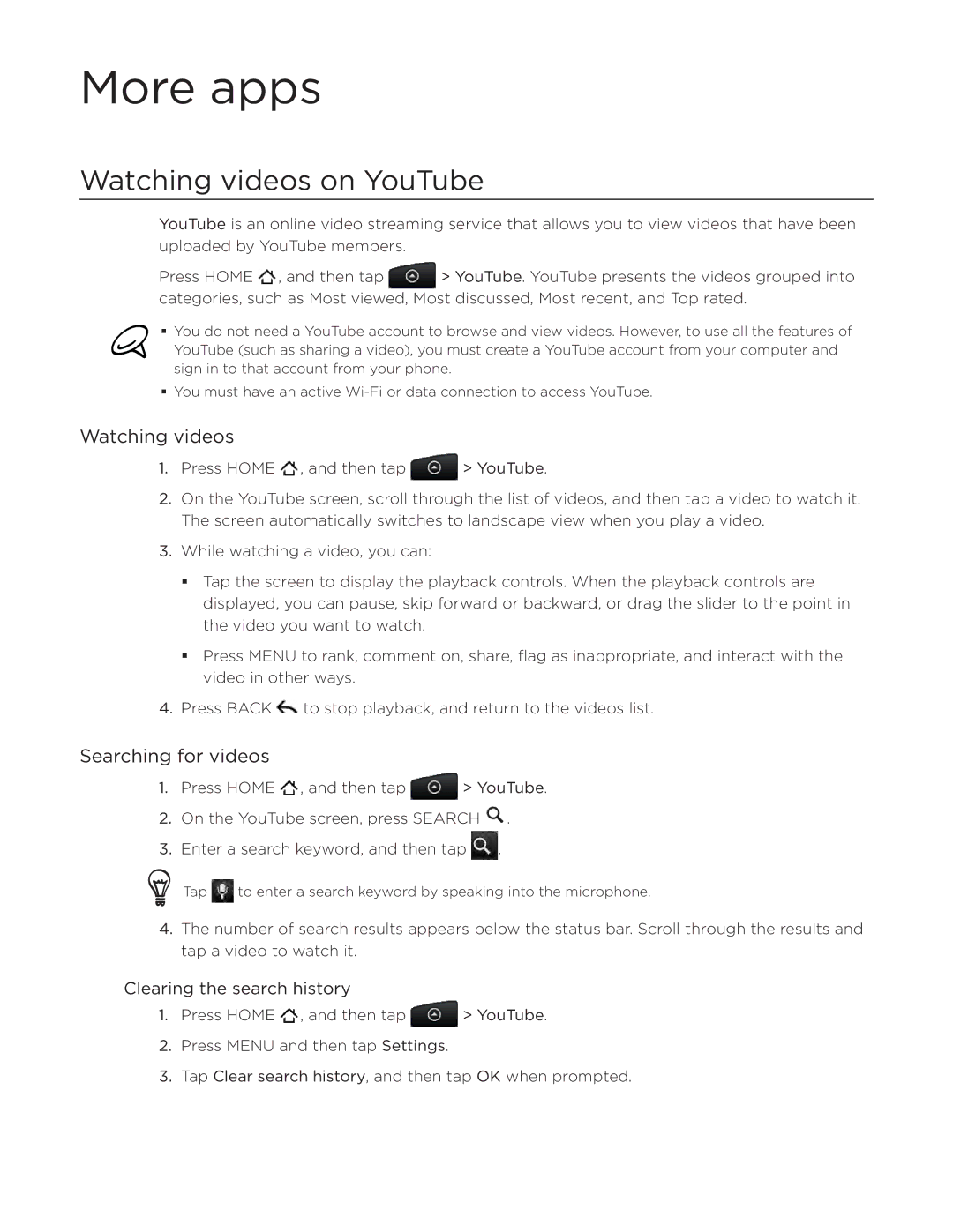 HTC ADR6300, DROID Incredible More apps, Watching videos on YouTube, Searching for videos, Clearing the search history 