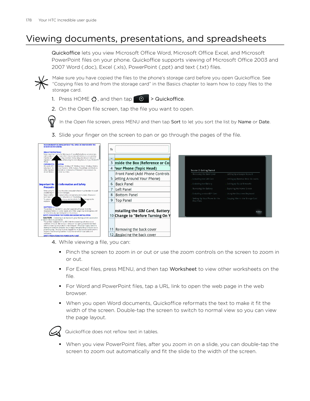 HTC DROID Incredible, ADR6300 manual Viewing documents, presentations, and spreadsheets 